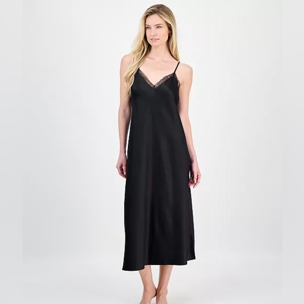 I.N.C. International Concepts Women's Lace-Trim Satin Nightgown Black Small